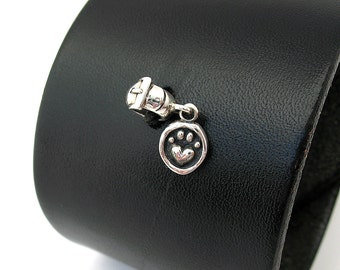 Black Leather Cuff Bracelet with Pet Paw Sterling Silver Ohm Bead, Adjustable Size, Eco Friendly Recycled Belt Band, OOAK