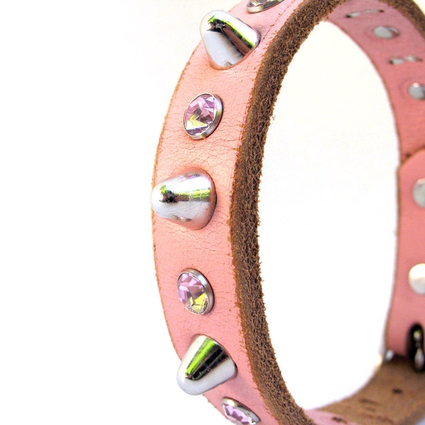 Leather Dog Collar in Pale Pink with Sparkles and Gentle Spikes, Size S, Small Dog, to fit a 10-13in Neck, EcoFriendly