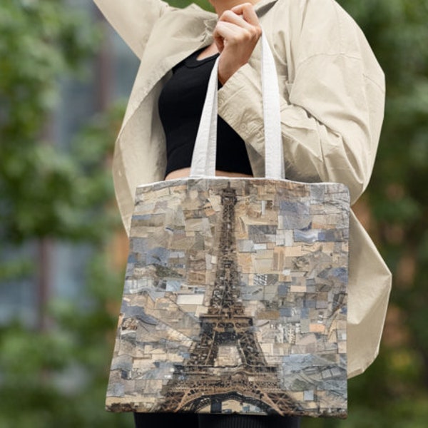 Eiffel Tower Floral Pattern Print Leather Tote Bag