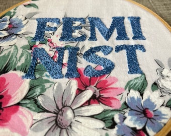 FEMINIST. Wall decor. Embroidery. One of a kind. Vintage hankie. Handmade.