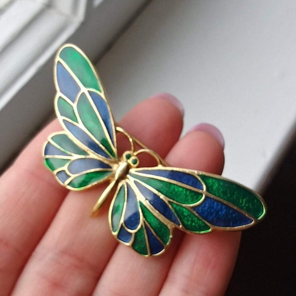 Butterfly Guilloche Brooch Pin Dragonfly Designer Signed Vintage Estate Green Blue Cloisonne Bold Modernist Green Rhinestone New View Mod