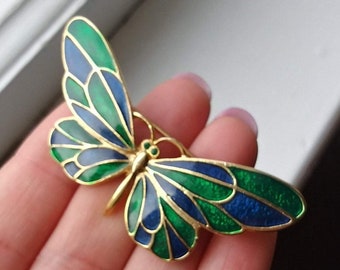 Butterfly Guilloche Brooch Pin Dragonfly Designer Signed Vintage Estate Green Blue Cloisonne Bold Modernist Green Rhinestone New View Mod