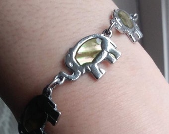 Elephant Bracelet Abalone MOP Statement Vintage Mother of Pearl Shell Ethnic Charm Link That 70's Show Good Luck Trunks Up Rainbow Retro