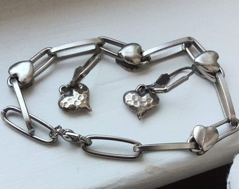 Heart Jewelry Set Love Bracelet Earrings Vintage Stylized Silver Retro Demi Parure Pierced Dangles Retro Dimensional 70s Valentine's Day