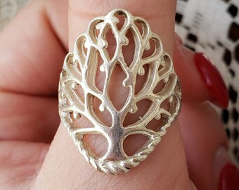 Tree of Life Ring 925 Sterling Silver Statement Runway Vintage Retro Artisan Cut Out Dimensional Bold Family Unique Size 9