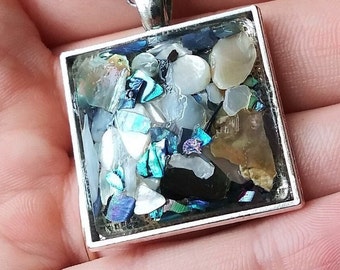 Abalone Statement Necklace Pendant Shell Mother of Pearl Shell Confetti Lucite Bubble Handmade Domed Acrylic Silver Tone OOAK Square Groovy