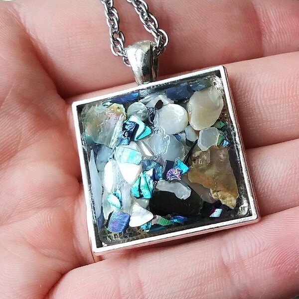 Abalone Statement Necklace Pendant Shell Mother of Pearl Shell Confetti Lucite Bubble Handmade Domed Acrylic Silver Tone OOAK Square Groovy