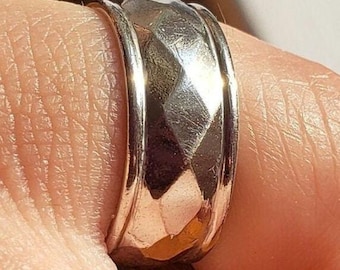 Sterling Silver Ring Statement 925 Faceted Band Geometric Mod Diamond Cut Artisan Retro Art Deco Filigree Size 5 Vintage Ornate Wide MCM