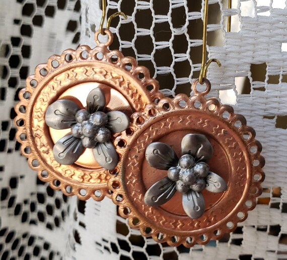Flower Earrings Dangle Statement Copper High Reli… - image 5
