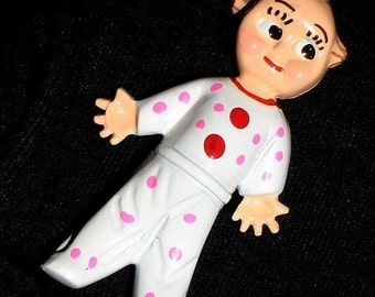 Cupie Doll Girl Baby Shower Vintage KewPie Brooch Pin Be Bop Pink Polka Dot Mid Century Hand Painted Enamel Heavy 1950's EnameL PJs Kitschy