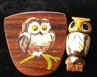 Owl Jewelry Vintage Brooch Pins Set Artisan Statement Handmade Carved Autumn Unique Chic Mid Century High Relief Retro Halloween Art Deco