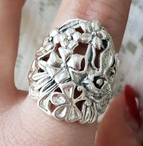 Sterling Silver Ring Statement 925 Flowers Butter… - image 5