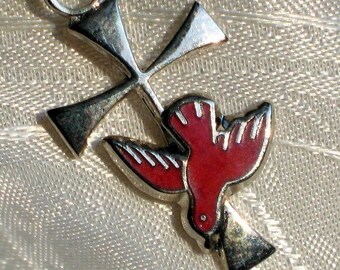 Peace Dove Pendant Necklace Love Cross Vintage Holy Spirit 60s 70s Communion Christian Love Religious Spiritual Easter Red Enamel Jesus