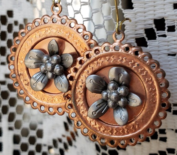 Flower Earrings Dangle Statement Copper High Reli… - image 6