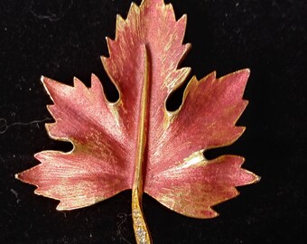 Leaf Brooch Pin Vintage Maple Art Deco Fall Autumn Rhinestones Red Gold Enamel Mid Century Statement High Relief Mad Men Modernist Unique
