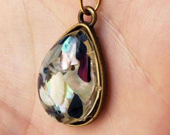 Abalone Necklace Pendant Drop of the Sea Handmade Mother of Pearl Shell Domed OOAK Poured Lucite Acrylic Teardrop Shell That 70s Show Retro