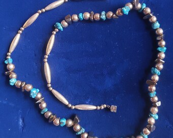 Liquid Sterling Silver Necklace 925 Statement Poured Hematite Turquoise Beaded Wavy Vintage Screw Clasp Genuine Stone Artisan Mid Century