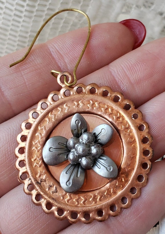 Flower Earrings Dangle Statement Copper High Reli… - image 8