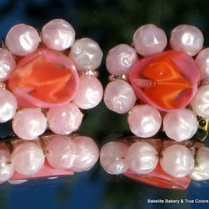 ArT GLass Coral Vintage Earrings Signed Baroque Pearls Cluster Mad Men Mid Century Unique Beaded Antique Designer Signed Western Germany