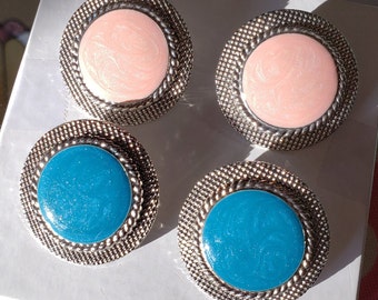 Vintage Earrings Set Button Lot 2 Pierced Cotton Candy Pink Turquoise Blue Frosted Cold Enamel Lighter Weight Button Textured Retro 80s Bold