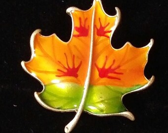 Vintage Leaf Brooch Pin Fall Statement Mid century Orange Green Red Cold Enamel Unique Mod High Autumn Dimensional Relief Mad Men Hollywood