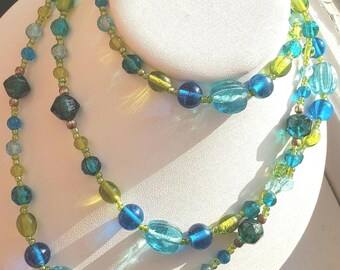Art Glass Necklace Statement Blues Greens Wedding Cake Ornate Mid Century Long Beaded Flapper Tropical Vacation Art Deco Fruit Salad OOAK