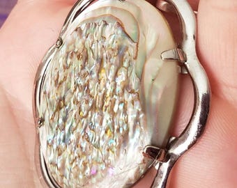 Abalone Pendant Necklace Statement Mother of Pearl Shell Oval Large Shell Silver Tone Border Pendant Beach Summer Tropical Abalone MOP