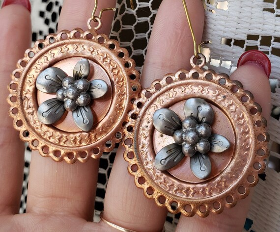 Flower Earrings Dangle Statement Copper High Reli… - image 7