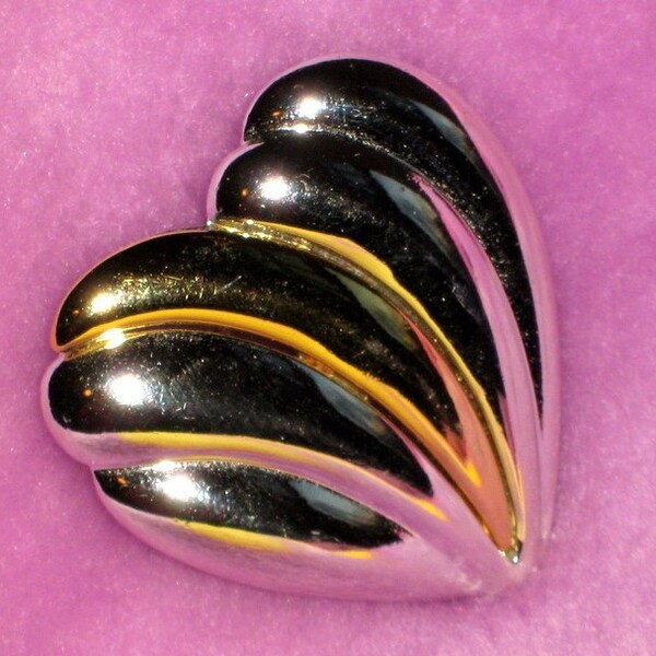 Puff Heart Vintage Brooch Pin Valentines Day Bold Statement Unsigned Designer Silver Gold True Love Sweetheart High Relief Glam Runway Mod