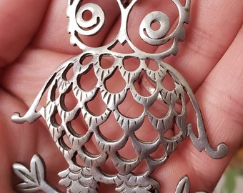 Owl Necklace Pendant Vintage Statement Halloween Designer Mid Century Modernist Dimensional Large Signed Reed & Barton Pewter Cut Out 70s