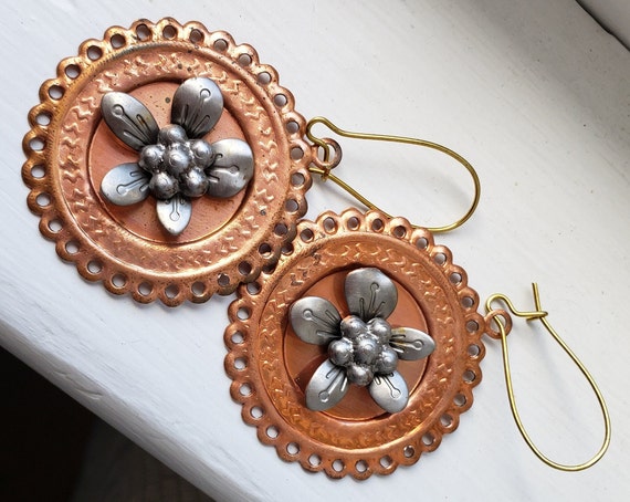 Flower Earrings Dangle Statement Copper High Reli… - image 4