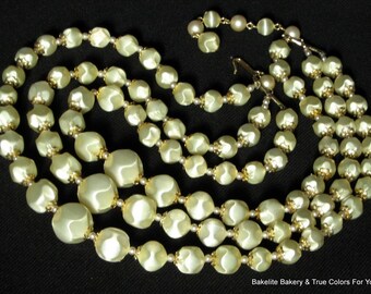 Statement Pearl Necklace Vintage Multi 3 Strand Wedding Baroque Icy Yellow Bold Signed Japan Mad Men Graduated Mid Century Satin Frosted