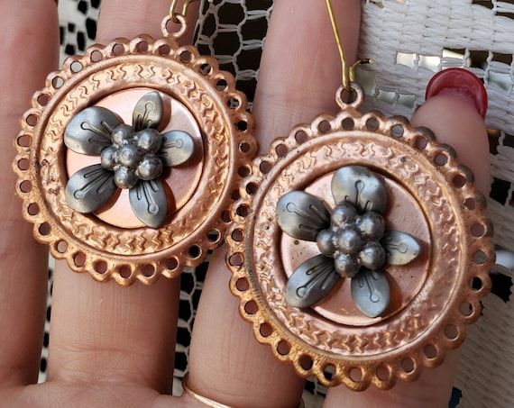 Flower Earrings Dangle Statement Copper High Reli… - image 1