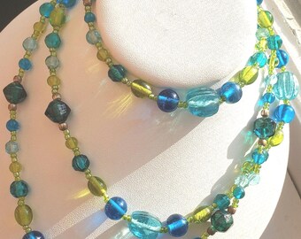 Art Glass Necklace Statement Blues Greens Wedding Cake Ornate Mid Century Long Beaded Flapper Tropical Vacation Art Deco Fruit Salad OOAK