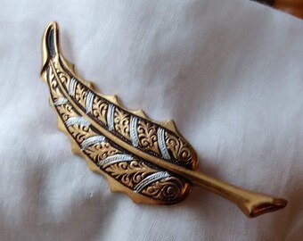 Damascene Brooch Pin Vintage Signed Spain Leaf Statement Designer Stylized Fall Stunning Mid Century Rare  Art Deco Ornate Dimensional