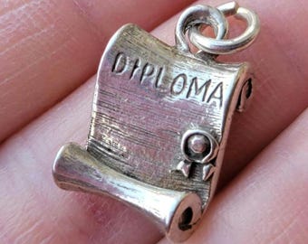 Graduation Diploma Sterling Silver Charm Pendant Solid 925 Pendant Vintage Heavy Mid Century Bracelet Graduation Jewelry Graduate Gift