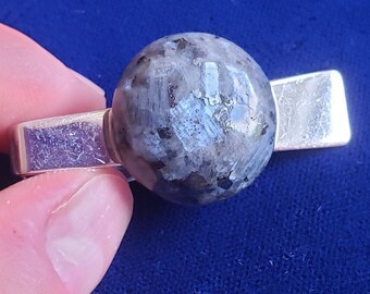 Fancy Tie Clip Labradorite Vintage Gorgeous Art Deco Large Round Domed Grey Stone Moonstone Steel Mens Womens Minty Mid Century Statement