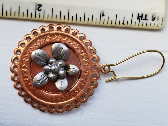 Flower Earrings Dangle Statement Copper High Reli… - image 3