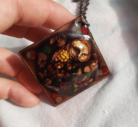 Owl Necklace Statement Pendant Stained Glass Glaz… - image 6