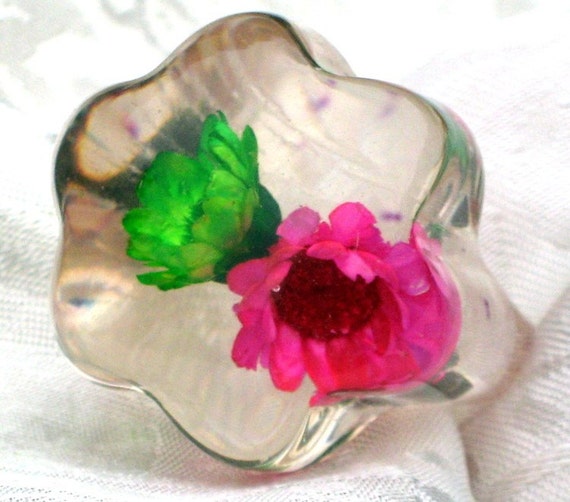 Flower Bubble Ring Statement Vintage Finger Lucit… - image 3