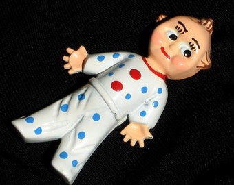 Cupie Doll KewPie Vintage Brooch Pin Boy Baby Shower Blue Love Antique Mid Century Cold Enamel Heavy Polka Dot PJs Moms Mother's Gift Unique