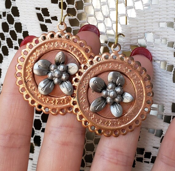 Flower Earrings Dangle Statement Copper High Reli… - image 2