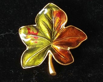 Rare Multilana Brooch Pin Vintage Fall Leaf Enamel Unique Statement High Relief Multi Colored Dimensional Mad Men Hollywood 24kt Overlay Mod