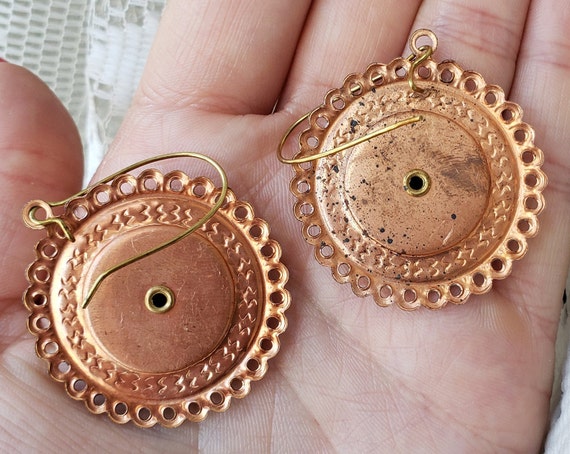 Flower Earrings Dangle Statement Copper High Reli… - image 9