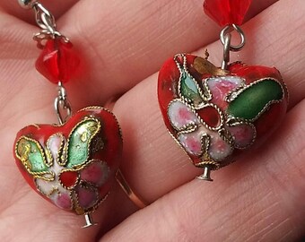 Vintage Heart Earrings Cloisonne Style Red Valentine's Day White Pink Green Enamel Wire Wrapped Dangles Pierced That 70's Show Love Retro