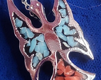 Phoenix Bird Necklace Pendant Statement Turquoise Coral Crushed Vintage That 70's Show Red Blue Spiritual Unique Groovy Modernist Pewter