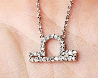 Crystal Necklace Sterling Silver 925 Pendant Libra Zodiac Sign October Star Signed Vintage Cubic Zirconia Mid Century Modernist Astrology
