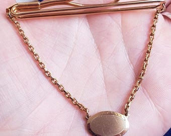 Statement Tie Clip Bar Swank Dangle Chain Early Century Signed Rolled Gold Plate Fancy Art Deco Gorgeous Engravable Mens Minty 1/40 10k RGP