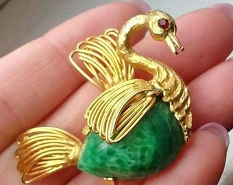 Swan Brooch Pin Jelly Belly Vintage Estate Green Art Glass Stone Bold Modernist Designer High Relief Red Crystal Eye Unique Wire Work MCM