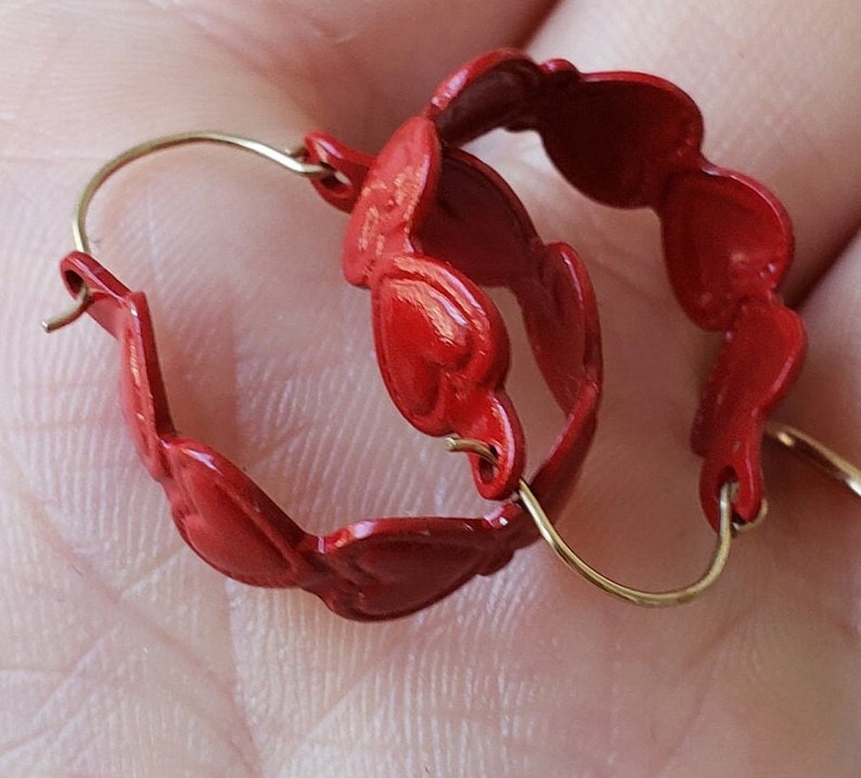 Heart Earrings Red Hoops Enamel Retro Valentine's Day July 4th Independence Day Vintage Pierced Posts Groovy That 70's Show Mid Century image 9